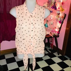 LIKE NEW EUC Y2K Coral Pink Sheer Bird Tie Top MEDIUM